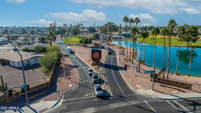 drone / aerial view featuring a water view