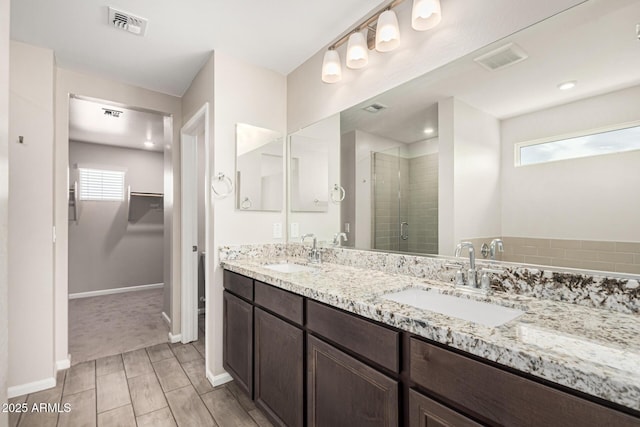 bathroom with vanity, a shower with shower door, and a wealth of natural light