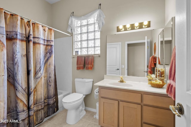 full bathroom with vanity, shower / tub combo, tile patterned floors, and toilet