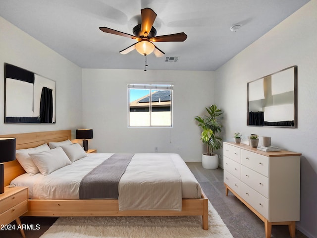 bedroom featuring ceiling fan and carpet floors