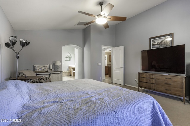 carpeted bedroom featuring lofted ceiling and ceiling fan