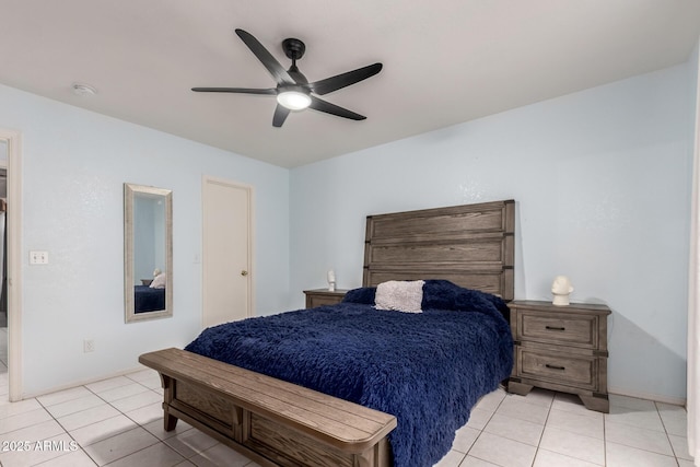 bedroom featuring ceiling fan and light tile patterned floors