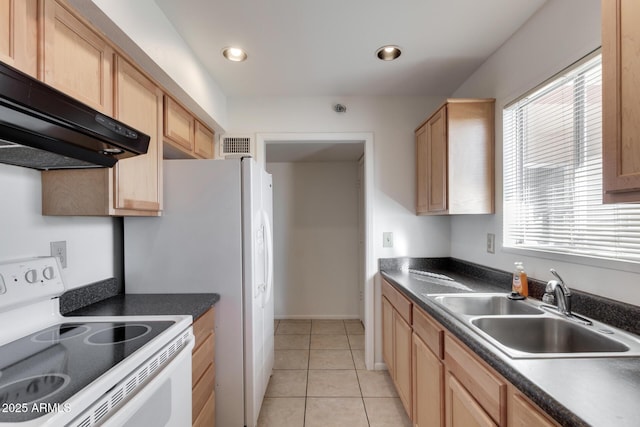 kitchen featuring sink, light tile patterned floors, a healthy amount of sunlight, white electric range, and exhaust hood