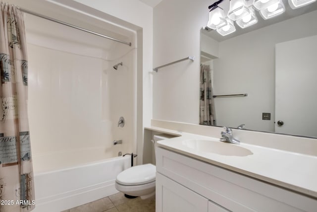 full bathroom with toilet, tile patterned flooring, shower / bath combo, and vanity