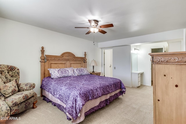 bedroom featuring light carpet and ceiling fan