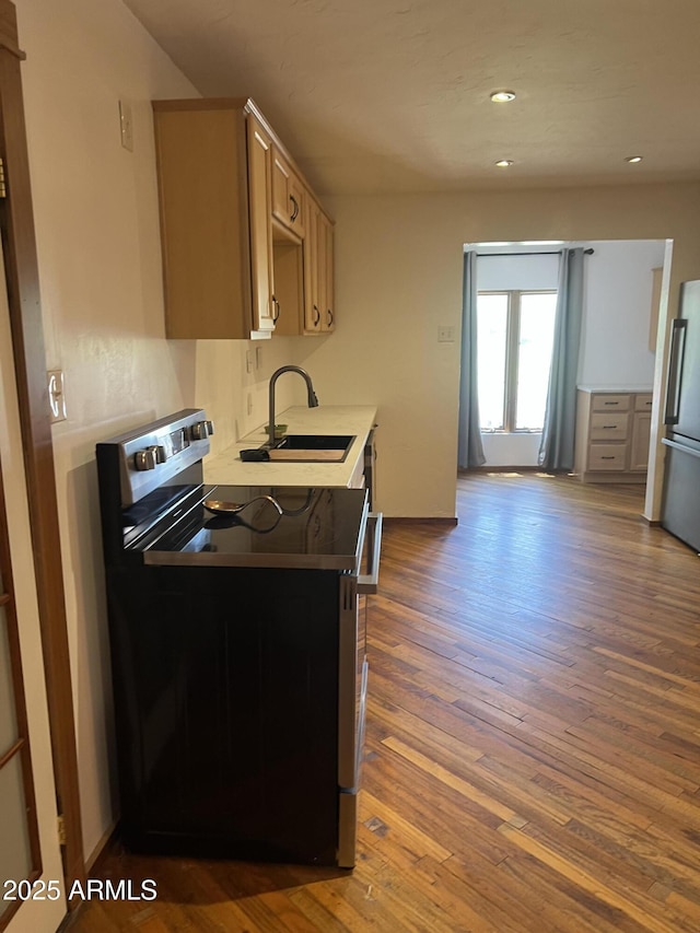 kitchen featuring recessed lighting, a sink, light countertops, appliances with stainless steel finishes, and hardwood / wood-style flooring