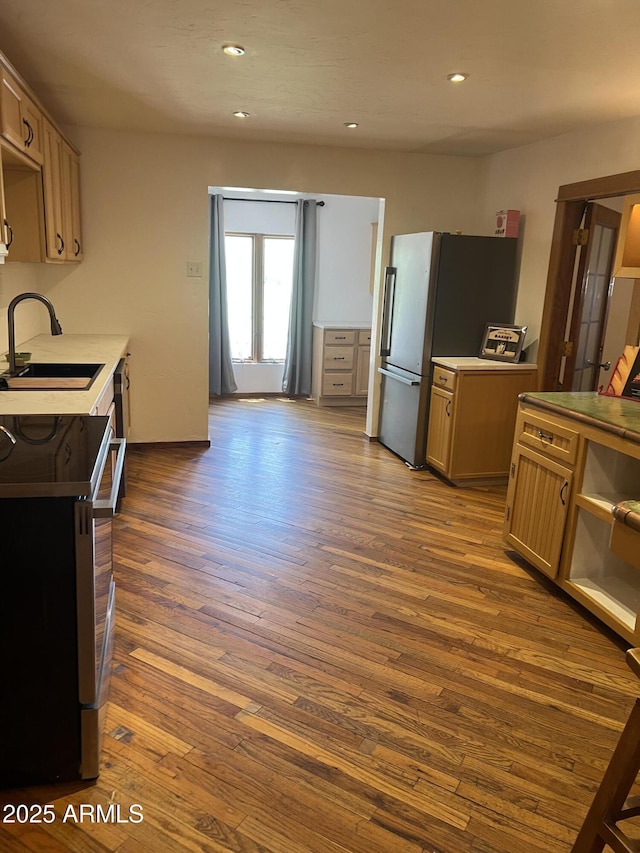 kitchen featuring recessed lighting, a sink, stainless steel appliances, dark wood-type flooring, and light countertops
