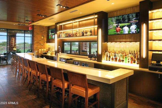 bar featuring wood ceiling, indoor wet bar, and visible vents