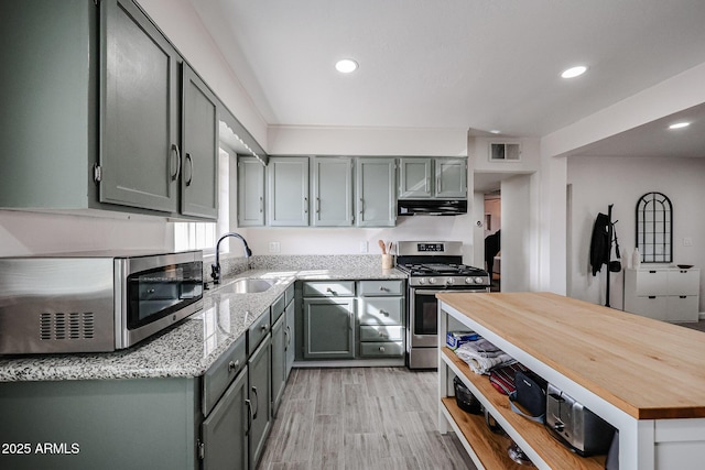 kitchen featuring light stone countertops, appliances with stainless steel finishes, light hardwood / wood-style flooring, and sink