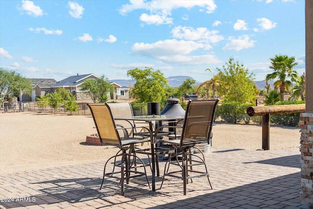 view of patio featuring a mountain view