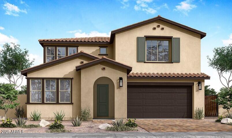 1492 E Prescott St, Gilbert, AZ 85298 - mediterranean / spanish house with decorative driveway, an attached garage, stucco siding, and a tile roof