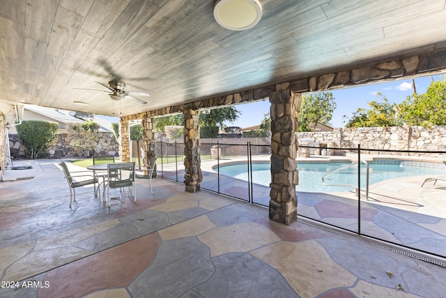 view of swimming pool with a patio area and ceiling fan