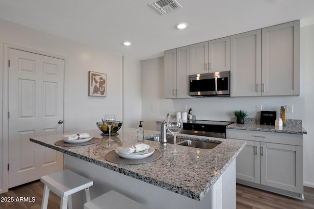 kitchen featuring dark hardwood / wood-style flooring, a center island with sink, and light stone counters