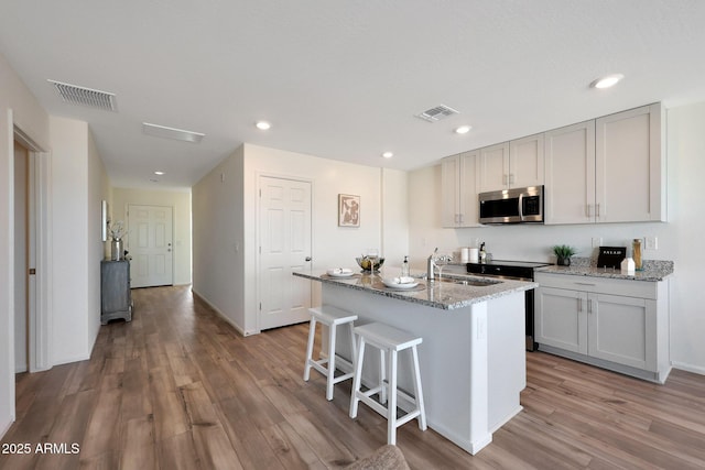 kitchen featuring sink, light stone countertops, a kitchen island with sink, and light wood-type flooring