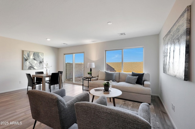 living room with light hardwood / wood-style flooring