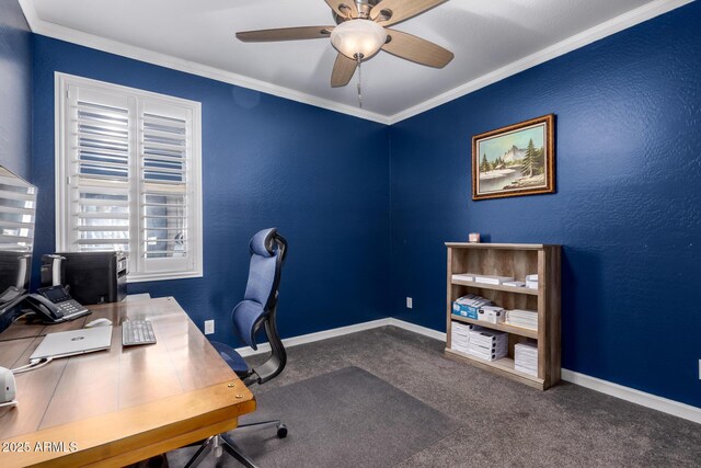 40913 W Williams Way, Maricopa, AZ 85138 - carpeted home office with a ceiling fan and ornamental molding