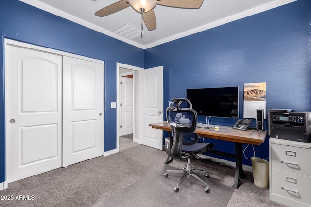 40913 W Williams Way, Maricopa, AZ 85138 - home office with carpet floors, a ceiling fan, and crown molding