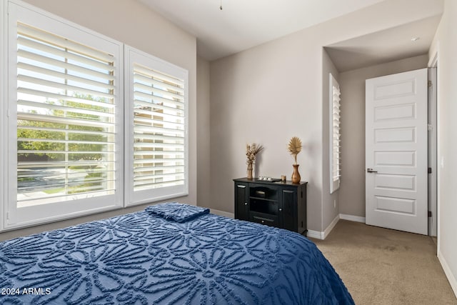 carpeted bedroom featuring multiple windows