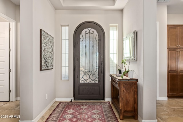 foyer with a raised ceiling and a healthy amount of sunlight