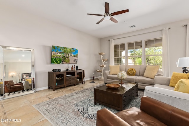 living room featuring ceiling fan