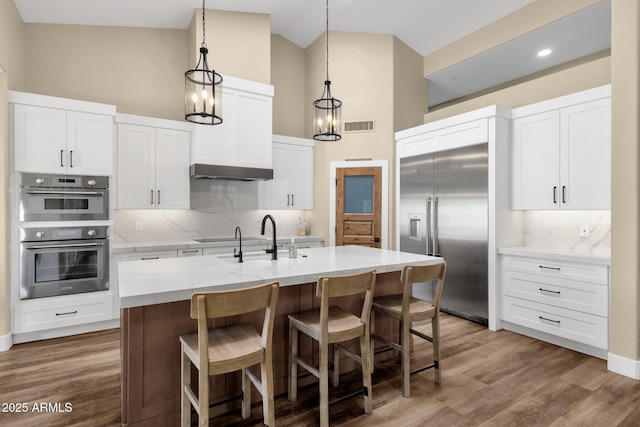 kitchen featuring visible vents, high vaulted ceiling, a sink, stainless steel appliances, and under cabinet range hood