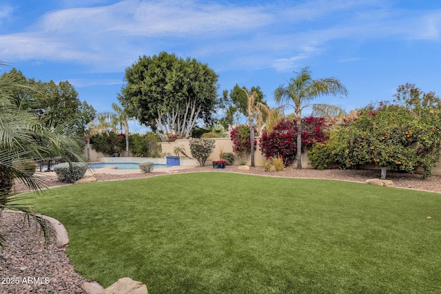 view of yard with a fenced in pool and a fenced backyard