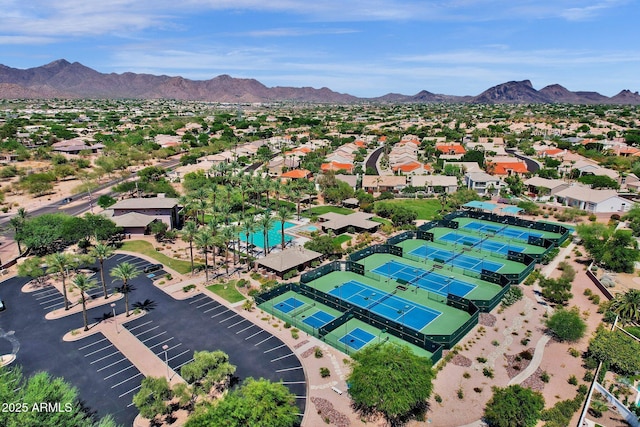 drone / aerial view featuring a mountain view and a residential view