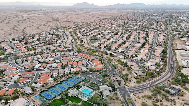 drone / aerial view featuring a mountain view and a residential view