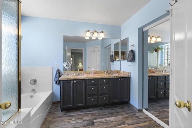 bathroom with wood-type flooring, vanity, and a bathtub