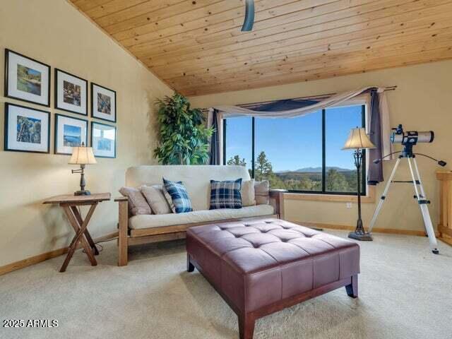 sitting room featuring wood ceiling, carpet flooring, baseboards, and lofted ceiling