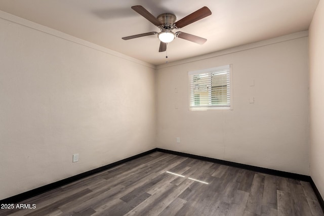 unfurnished room with ceiling fan, baseboards, and wood finished floors