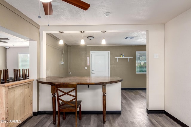 kitchen featuring a ceiling fan, a healthy amount of sunlight, visible vents, and wood finished floors