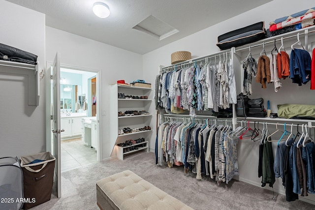 spacious closet with attic access and carpet floors