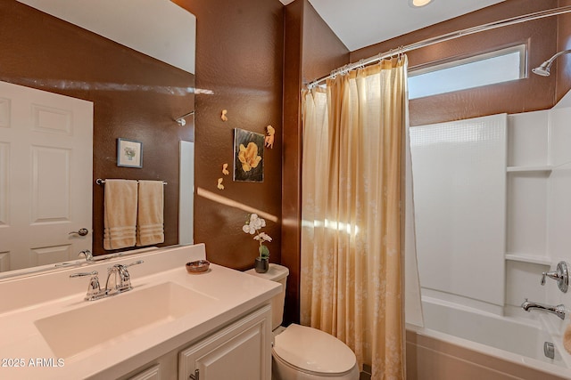 bathroom with toilet, shower / bath combo with shower curtain, and vanity