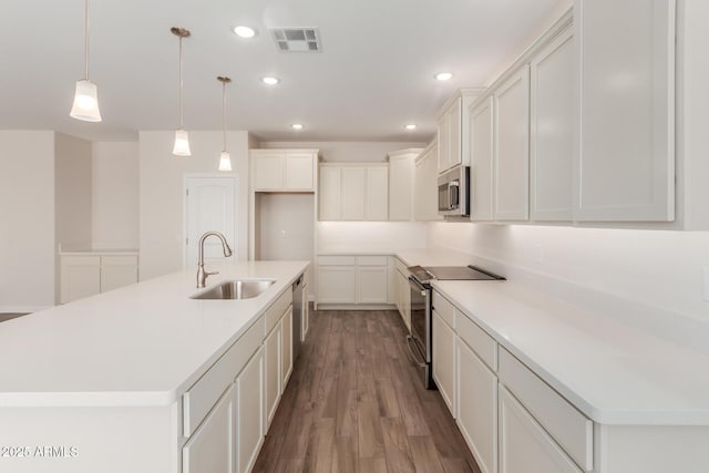 kitchen with visible vents, a sink, wood finished floors, recessed lighting, and stainless steel appliances