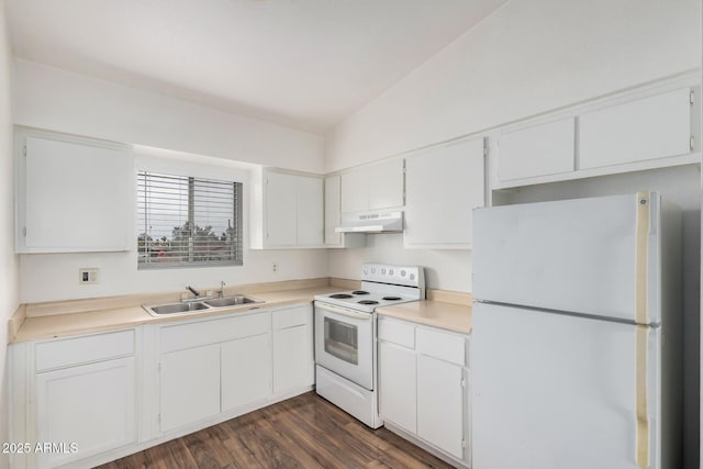 kitchen with white appliances, ventilation hood, sink, dark hardwood / wood-style floors, and white cabinetry