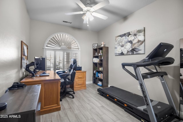 office area featuring ceiling fan and light wood-type flooring