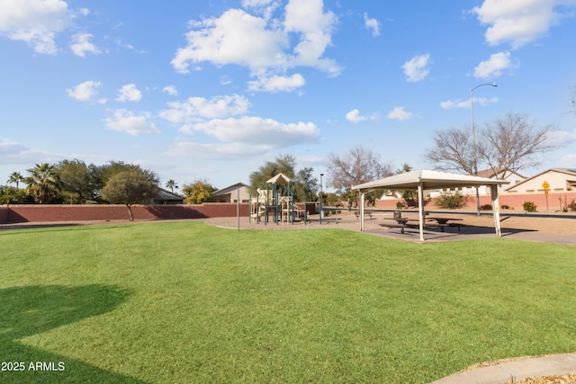 view of yard with a gazebo and a playground