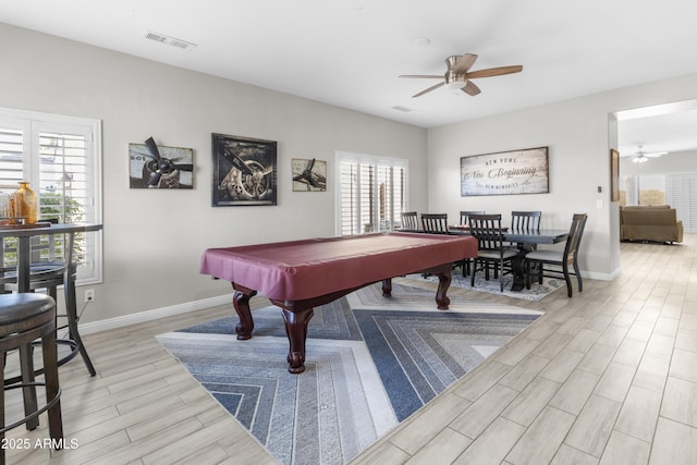 playroom with ceiling fan and pool table