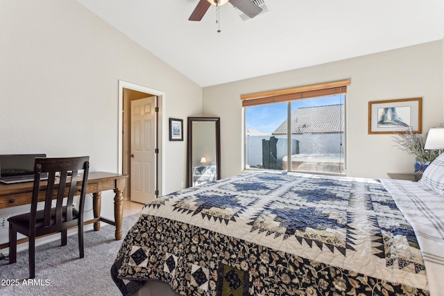 carpeted bedroom with lofted ceiling and ceiling fan