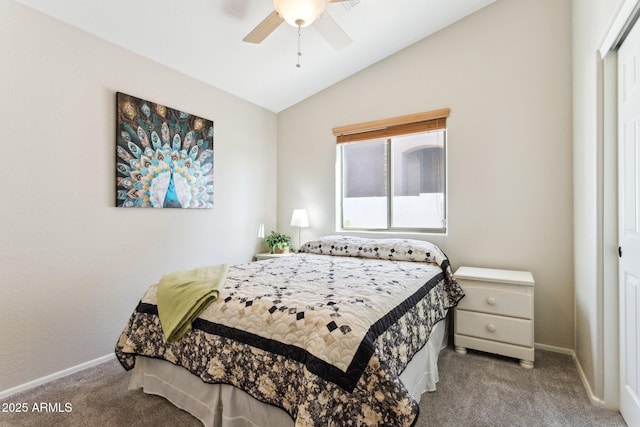 bedroom with lofted ceiling, light carpet, ceiling fan, and a closet