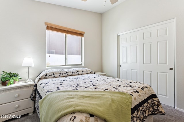 bedroom with carpet floors, a closet, and ceiling fan