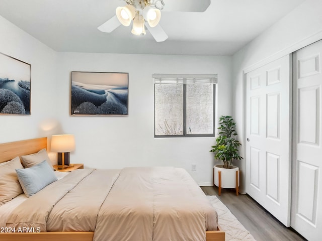 bedroom featuring ceiling fan, a closet, and hardwood / wood-style flooring