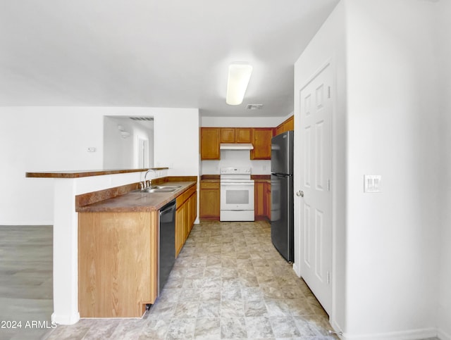 kitchen featuring kitchen peninsula, sink, and black appliances