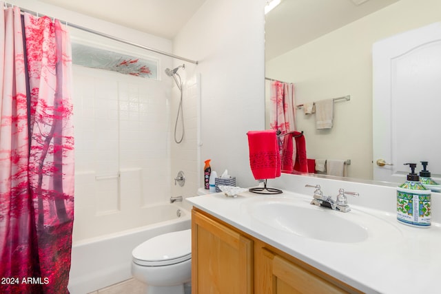 full bathroom featuring toilet, vanity, and shower / bathtub combination with curtain