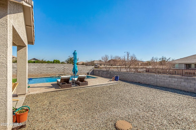 view of yard featuring a fenced in pool and a patio area