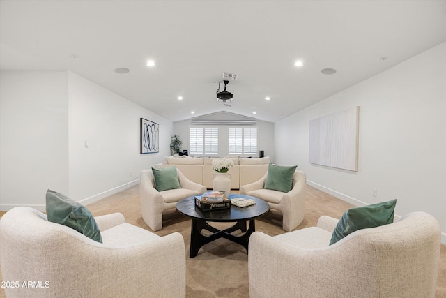 living room featuring baseboards, visible vents, recessed lighting, vaulted ceiling, and light carpet