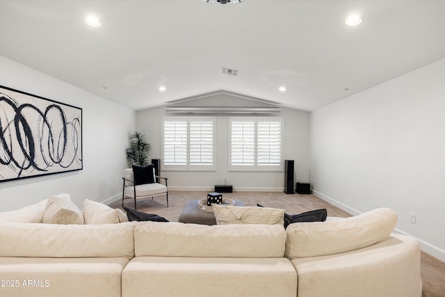 living room with visible vents, light carpet, recessed lighting, baseboards, and vaulted ceiling