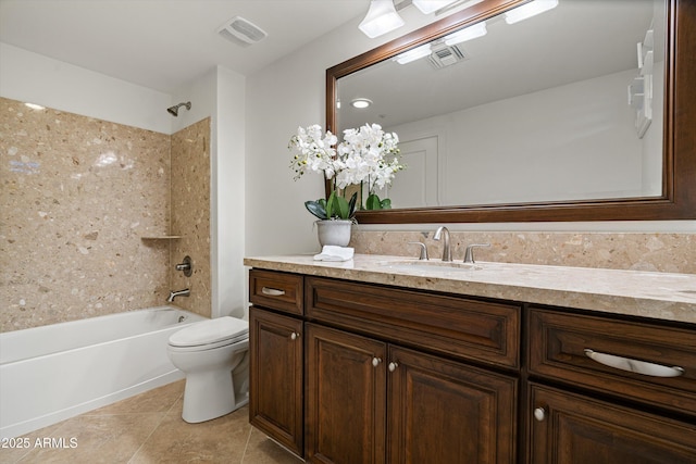 full bathroom featuring vanity, toilet, visible vents, and shower / bath combination