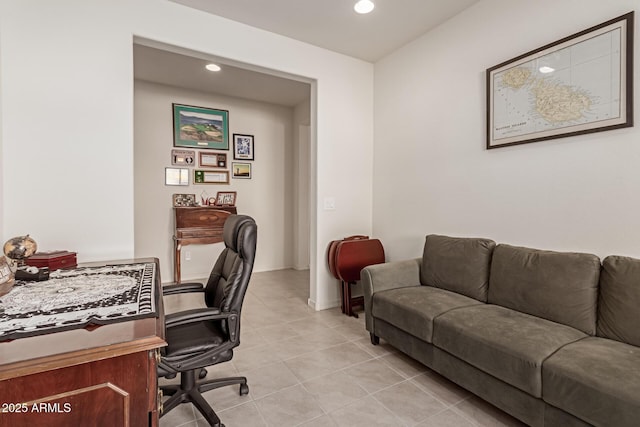 home office with light tile patterned floors